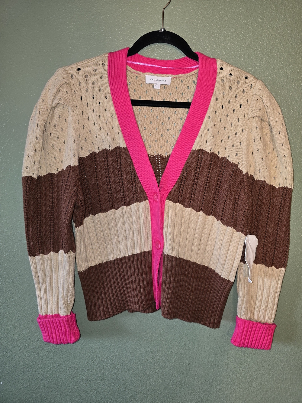 Striped Rib-Knit Cardigan with Hot Pink Trim